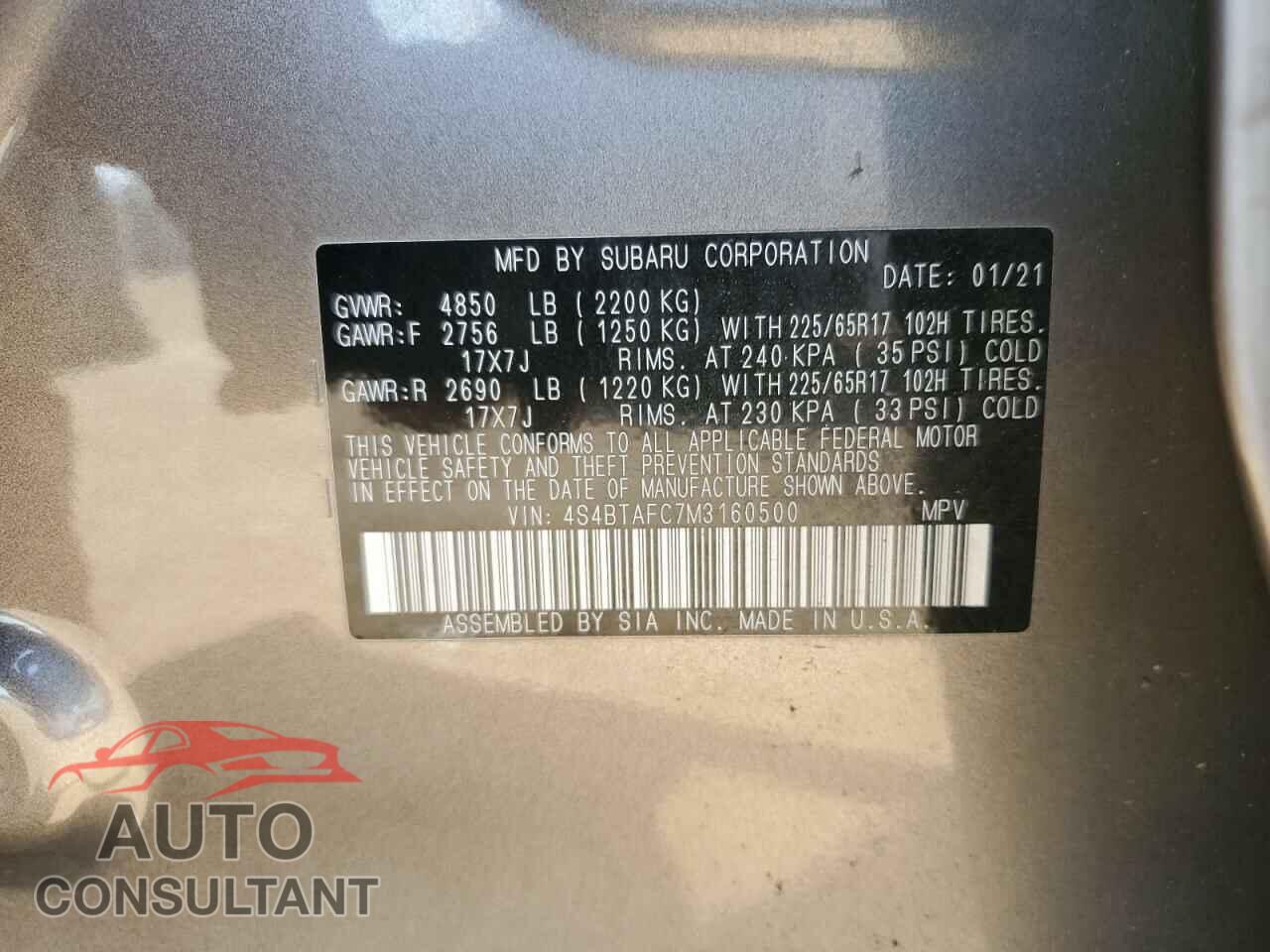 SUBARU OUTBACK 2021 - 4S4BTAFC7M3160500