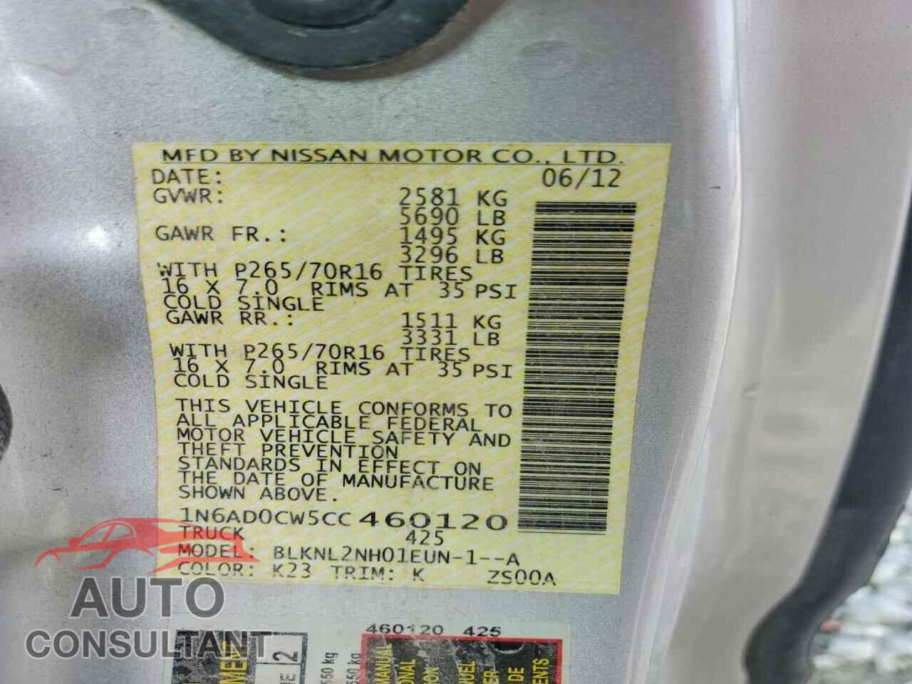 NISSAN FRONTIER 2012 - 1N6AD0CW5CC460120