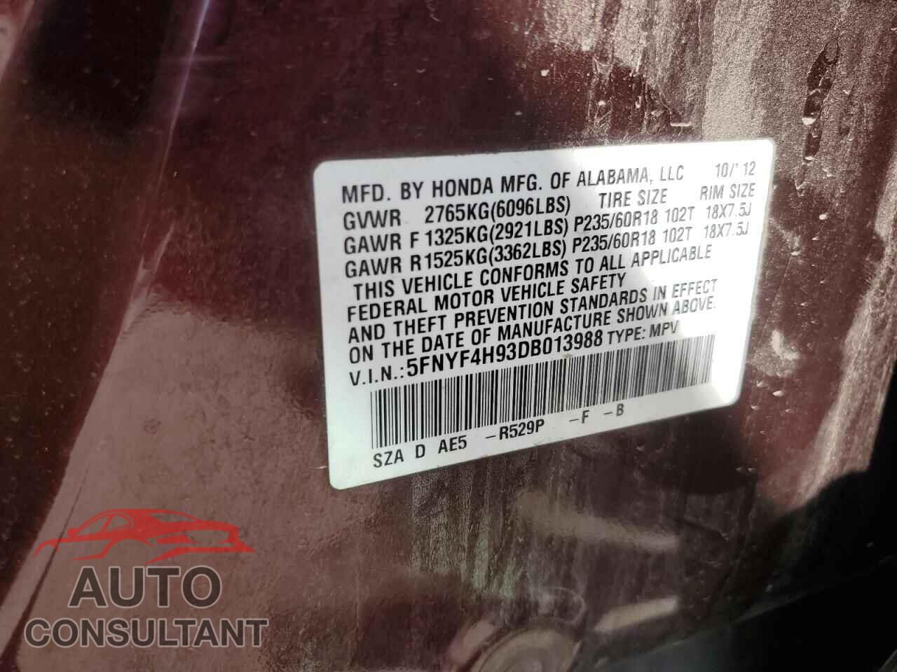HONDA PILOT 2013 - 5FNYF4H93DB013988