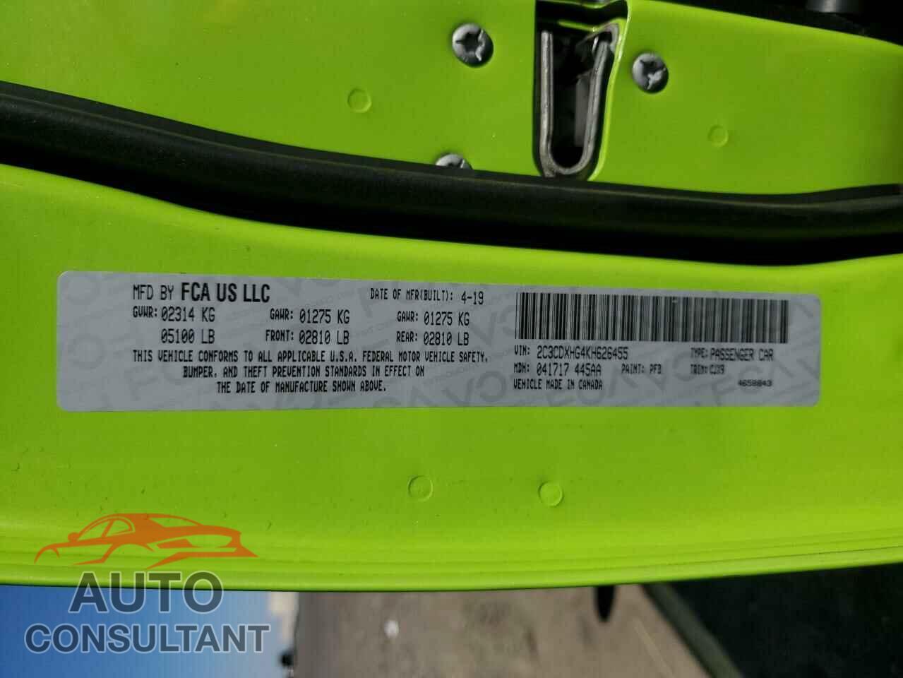 DODGE CHARGER 2019 - 2C3CDXHG4KH626455