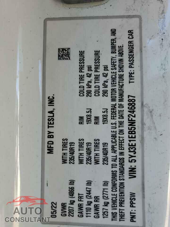 TESLA MODEL 3 2022 - 5YJ3E1EB5NF246887