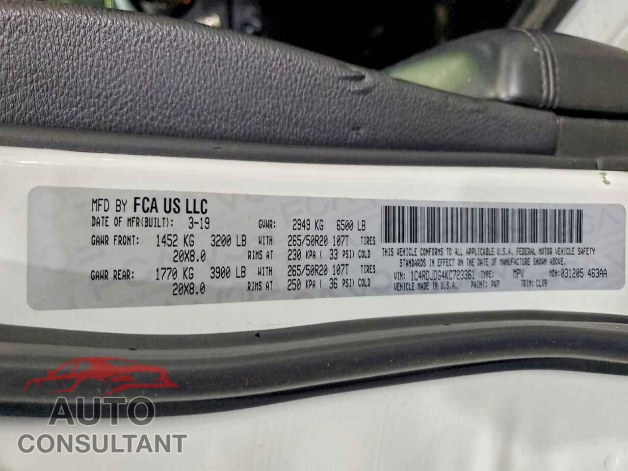 DODGE DURANGO 2019 - 1C4RDJDG4KC723361