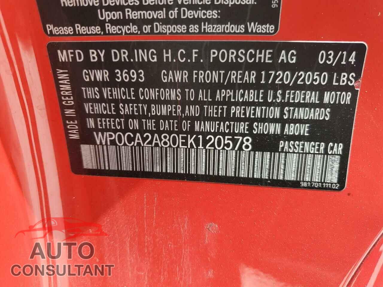 PORSCHE BOXSTER 2014 - WP0CA2A80EK120578