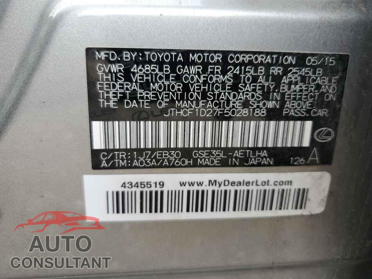 LEXUS IS 2015 - JTHCF1D27F5028188