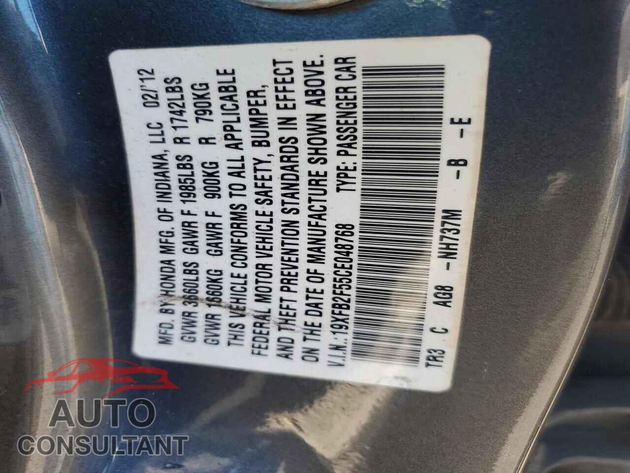 HONDA CIVIC 2012 - 19XFB2F55CE048768