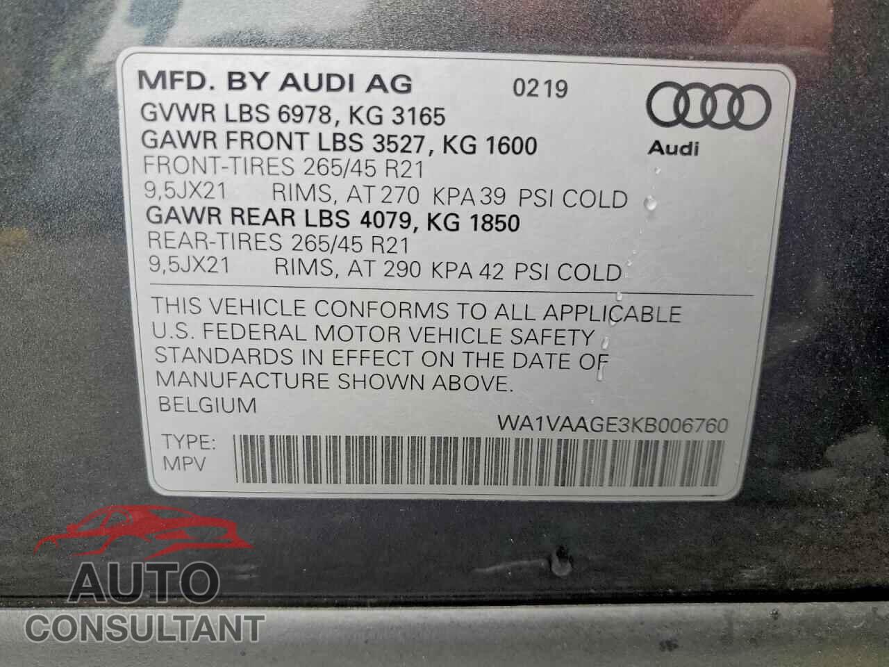 AUDI E-TRON 2019 - WA1VAAGE3KB006760