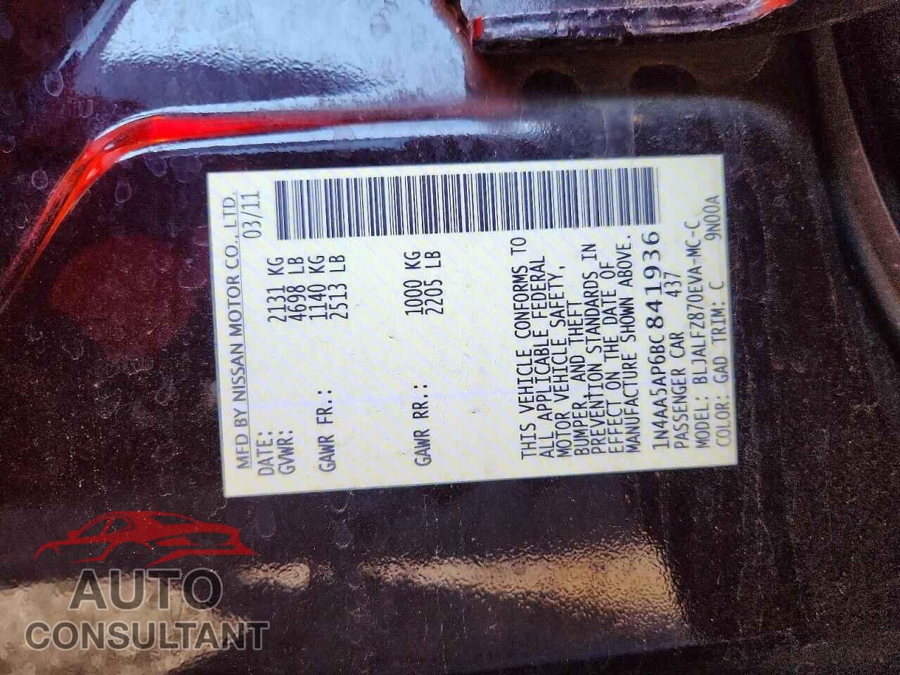 NISSAN MAXIMA 2011 - 1N4AA5AP6BC841936