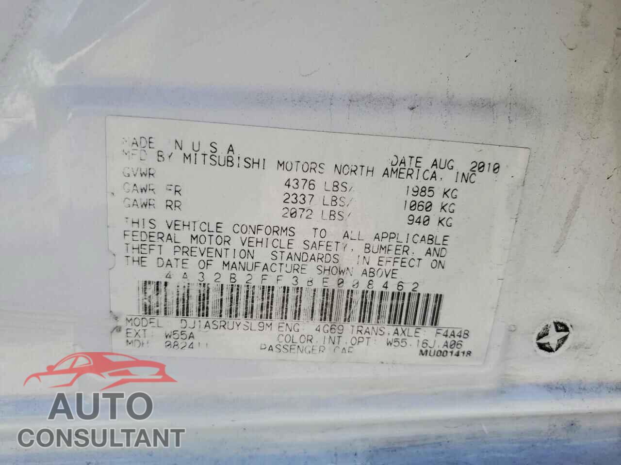 MITSUBISHI GALANT 2011 - 4A32B2FF3BE008462
