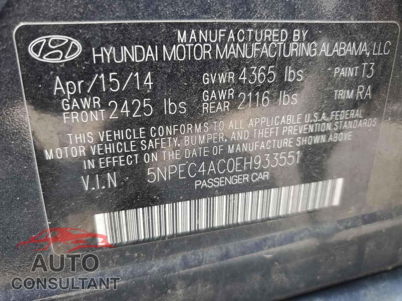 HYUNDAI SONATA 2014 - 5NPEC4AC0EH933551