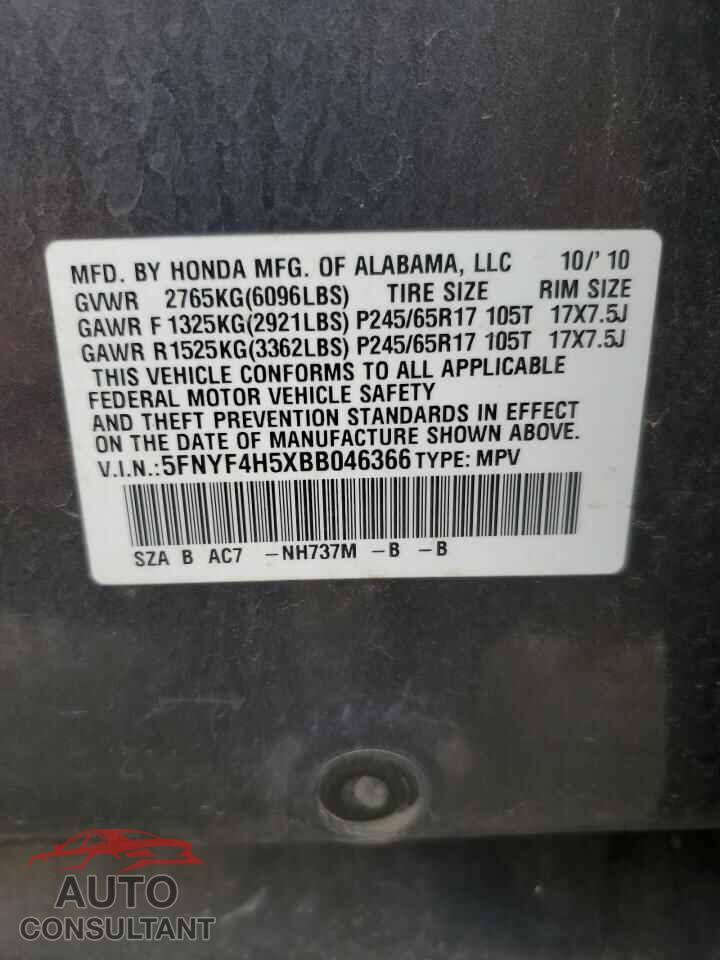 HONDA PILOT 2011 - 5FNYF4H5XBB046366