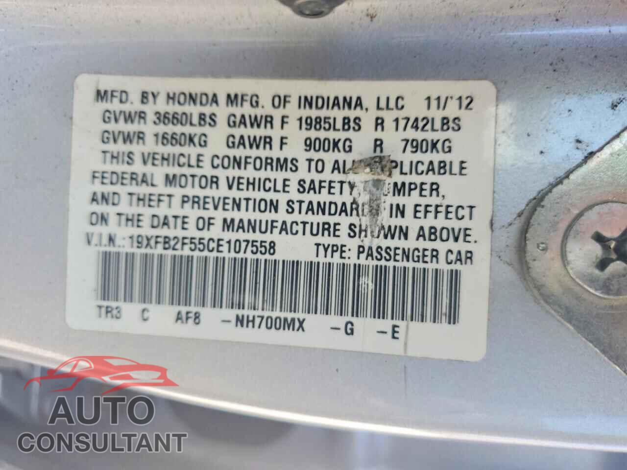HONDA CIVIC 2012 - 19XFB2F55CE107558