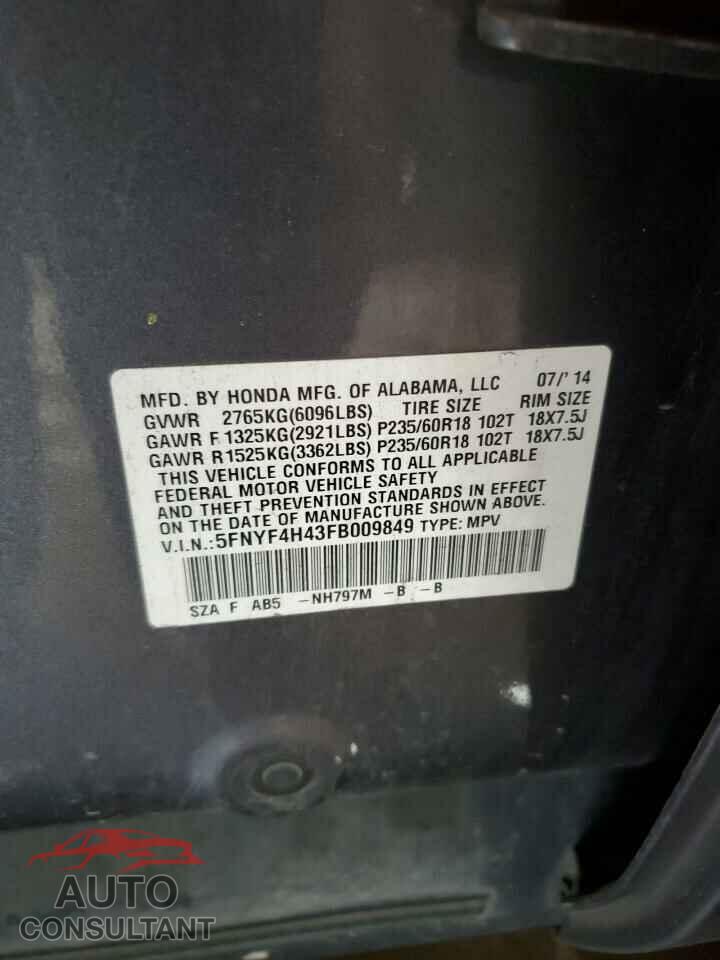 HONDA PILOT 2015 - 5FNYF4H43FB009849