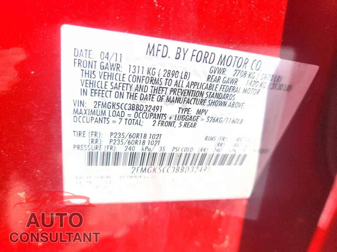 FORD FLEX 2011 - 2FMGK5CC3BBD32491