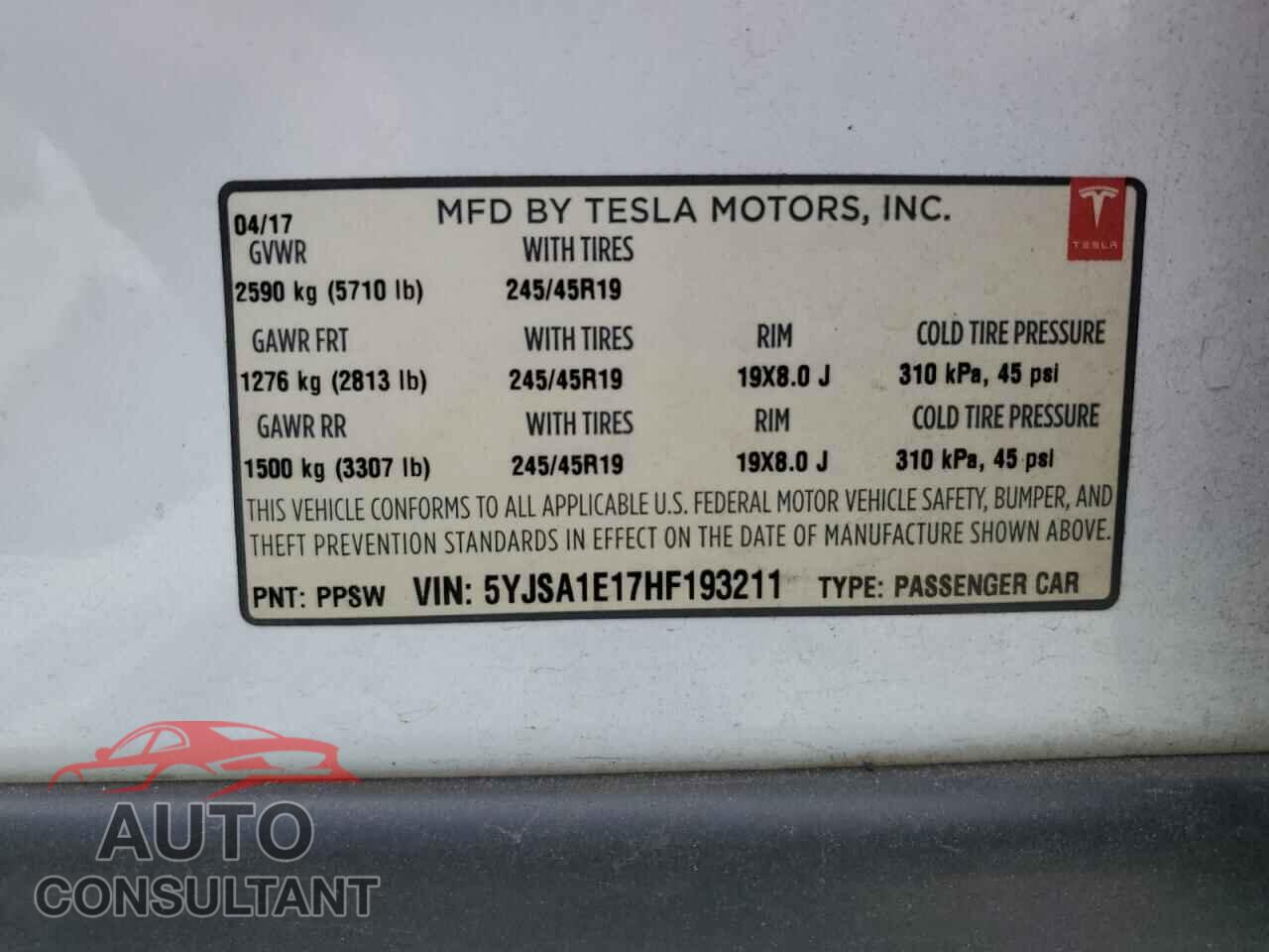 TESLA MODEL S 2017 - 5YJSA1E17HF193211