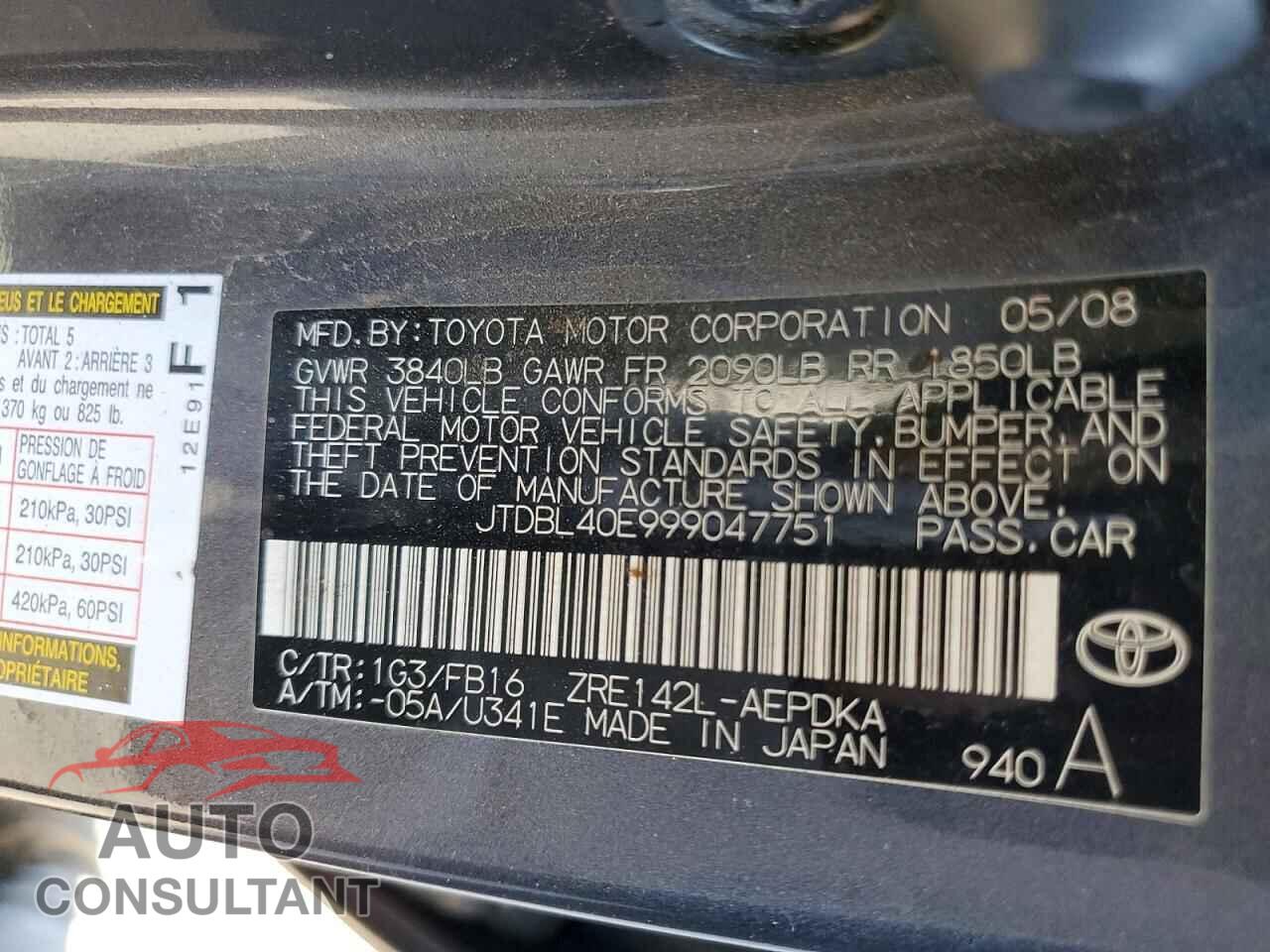 TOYOTA COROLLA 2009 - JTDBL40E999047751