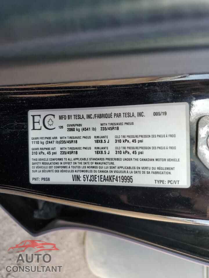 TESLA MODEL 3 2019 - 5YJ3E1EA4KF419995