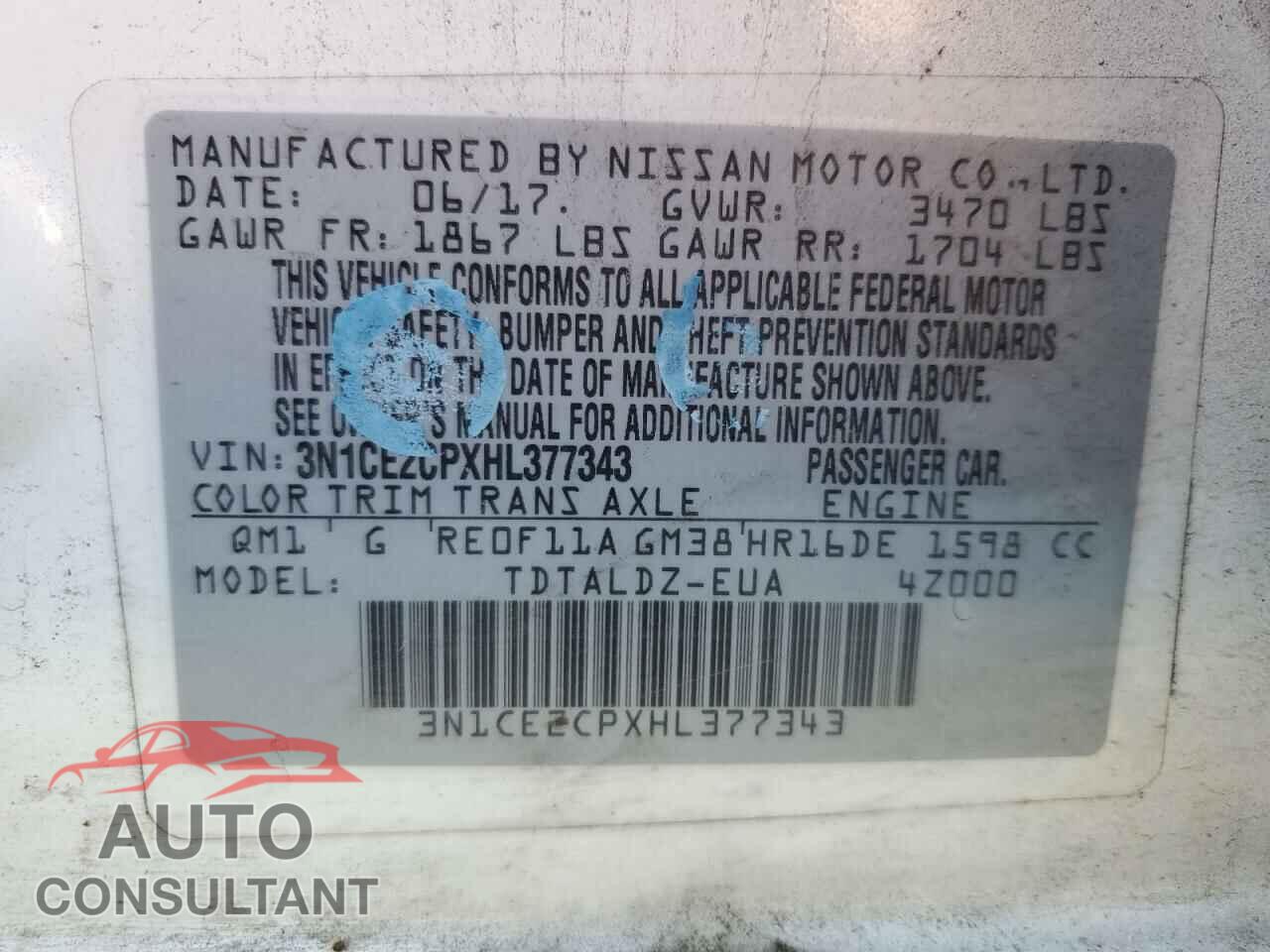 NISSAN VERSA 2017 - 3N1CE2CPXHL377343