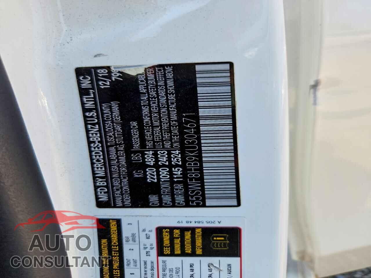 MERCEDES-BENZ C-CLASS 2019 - 55SWF8HB9KU304671