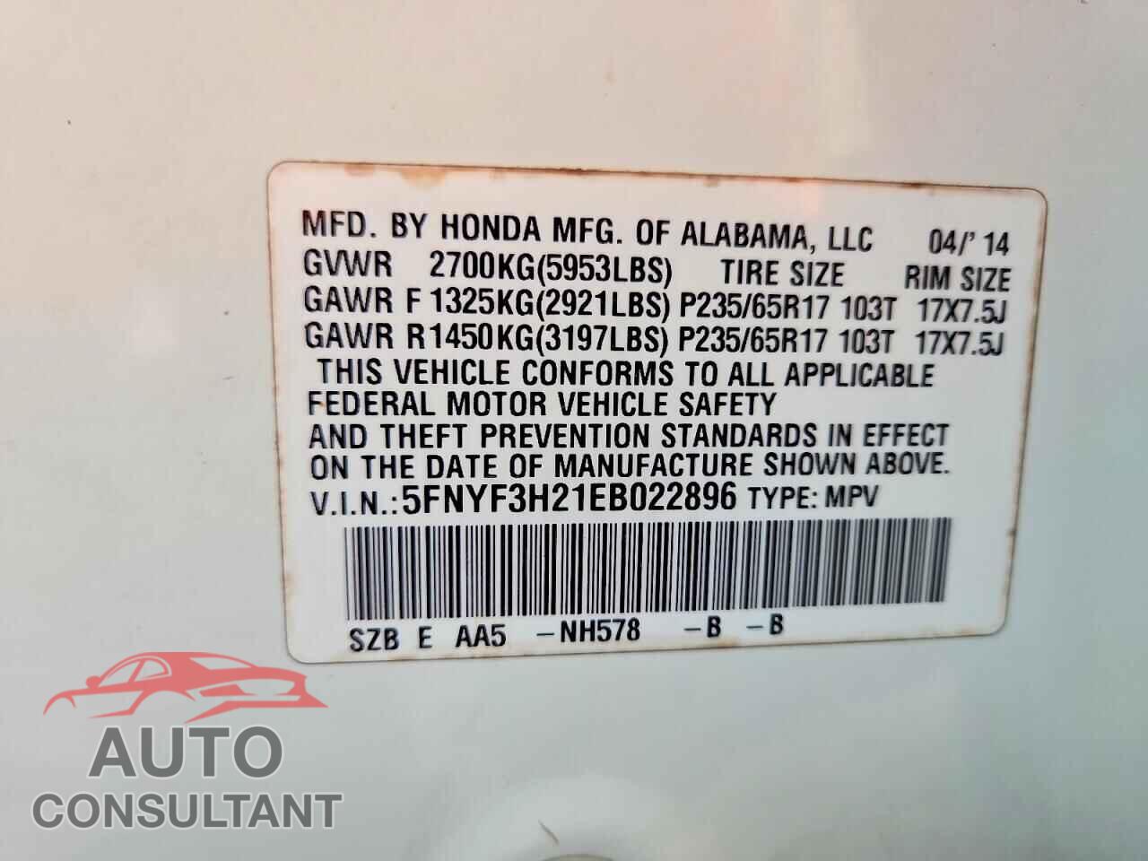 HONDA PILOT 2014 - 5FNYF3H21EB022896