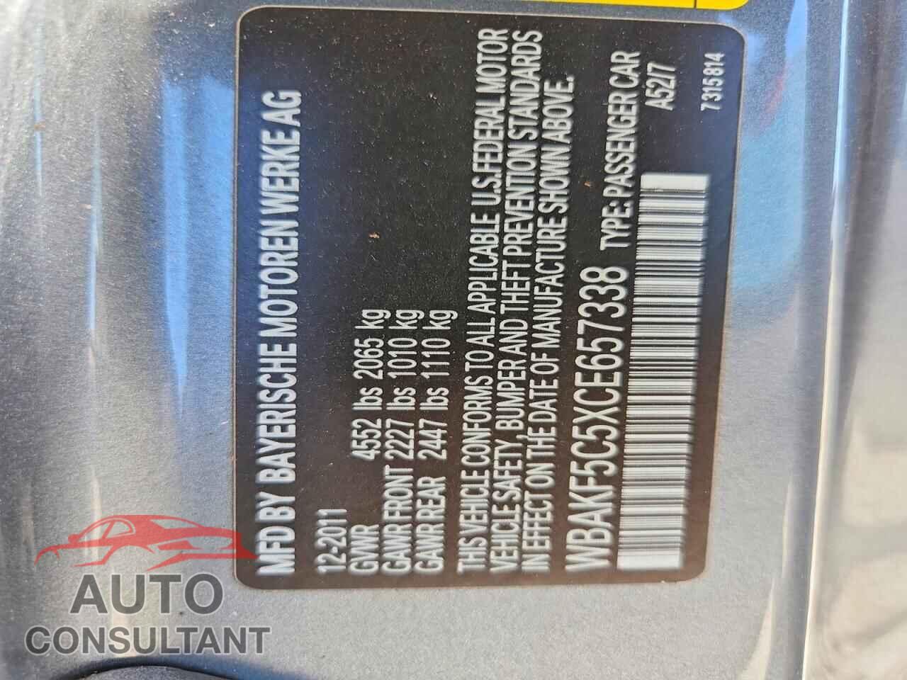 BMW 3 SERIES 2012 - WBAKF5C5XCE657338