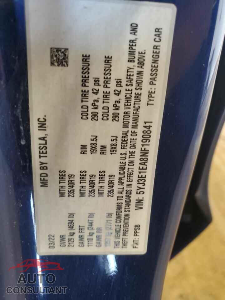 TESLA MODEL 3 2022 - 5YJ3E1EA8NF190841