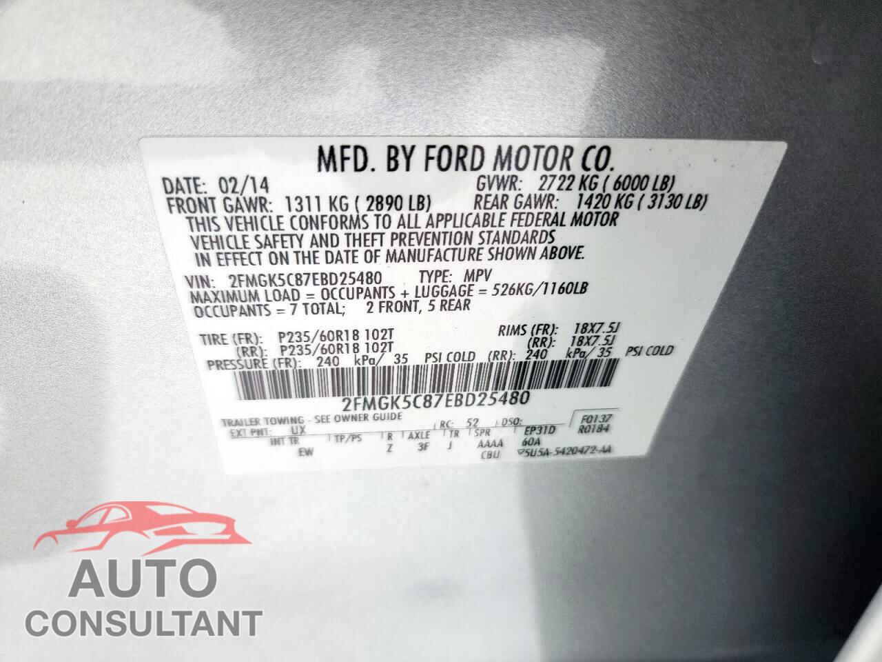 FORD FLEX 2014 - 2FMGK5C87EBD25480