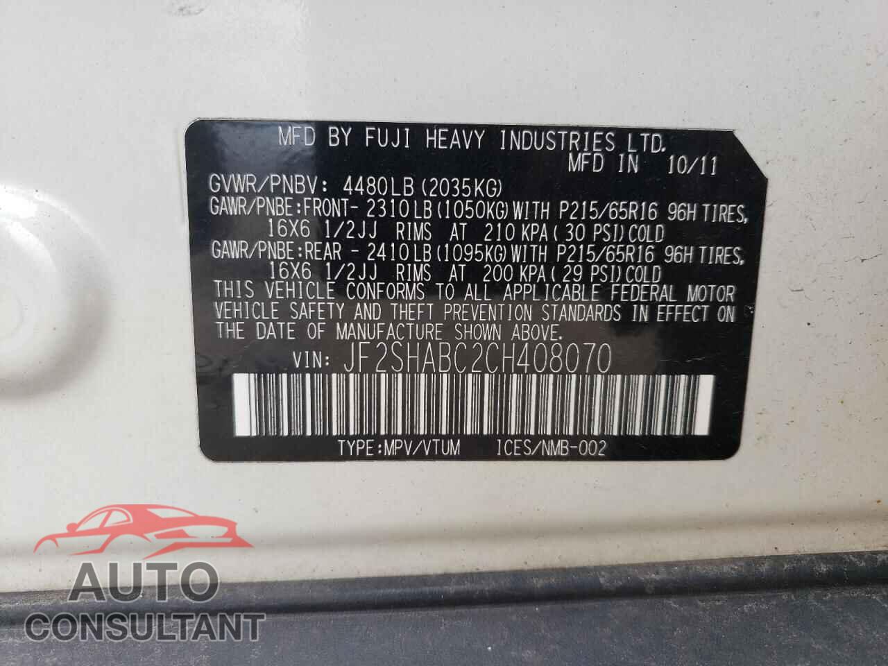SUBARU FORESTER 2012 - JF2SHABC2CH408070