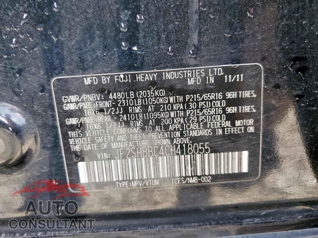 SUBARU FORESTER 2012 - JF2SHBBC4CH418055