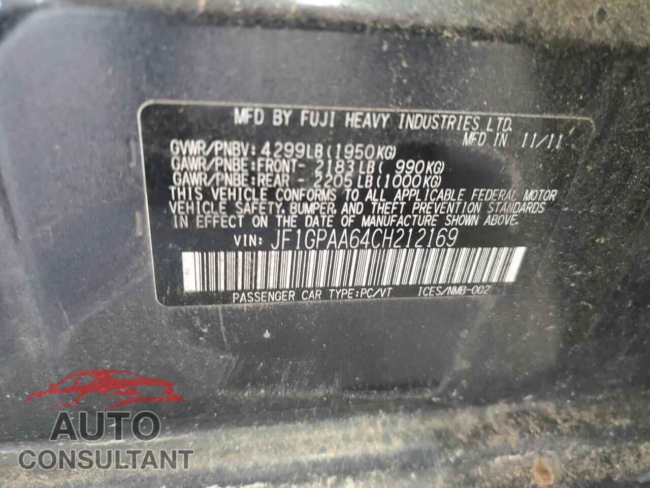SUBARU IMPREZA 2012 - JF1GPAA64CH212169