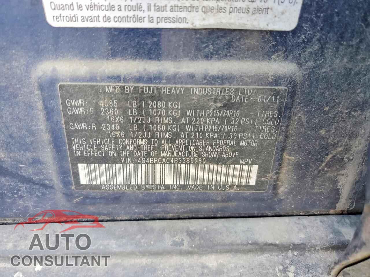 SUBARU OUTBACK 2011 - 4S4BRCAC4B3389280