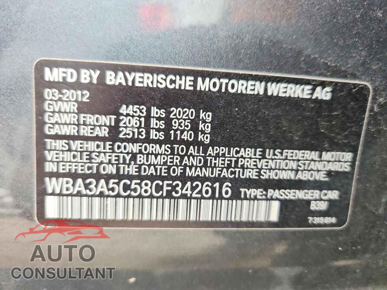 BMW 3 SERIES 2012 - WBA3A5C58CF342616