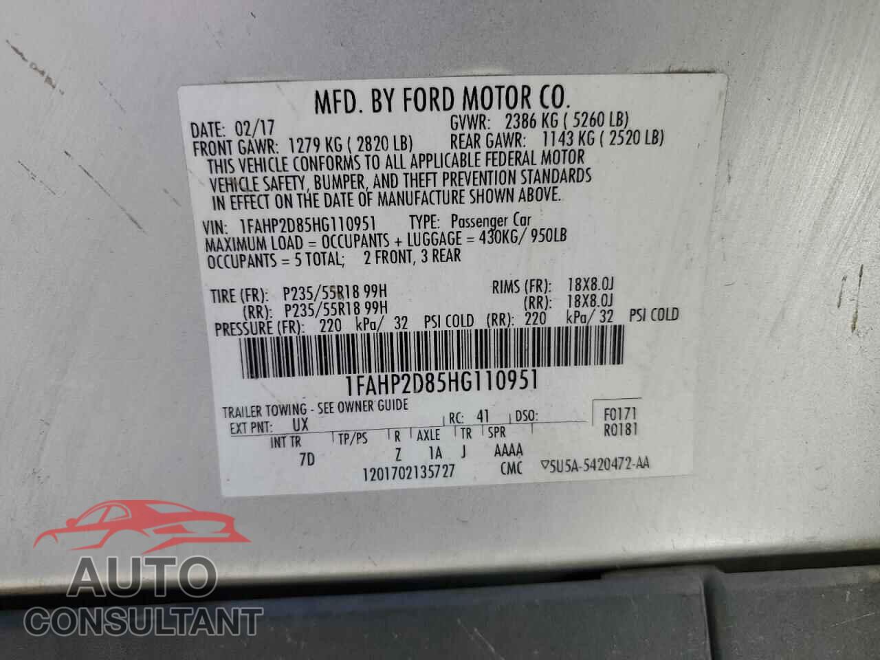 FORD TAURUS 2017 - 1FAHP2D85HG110951