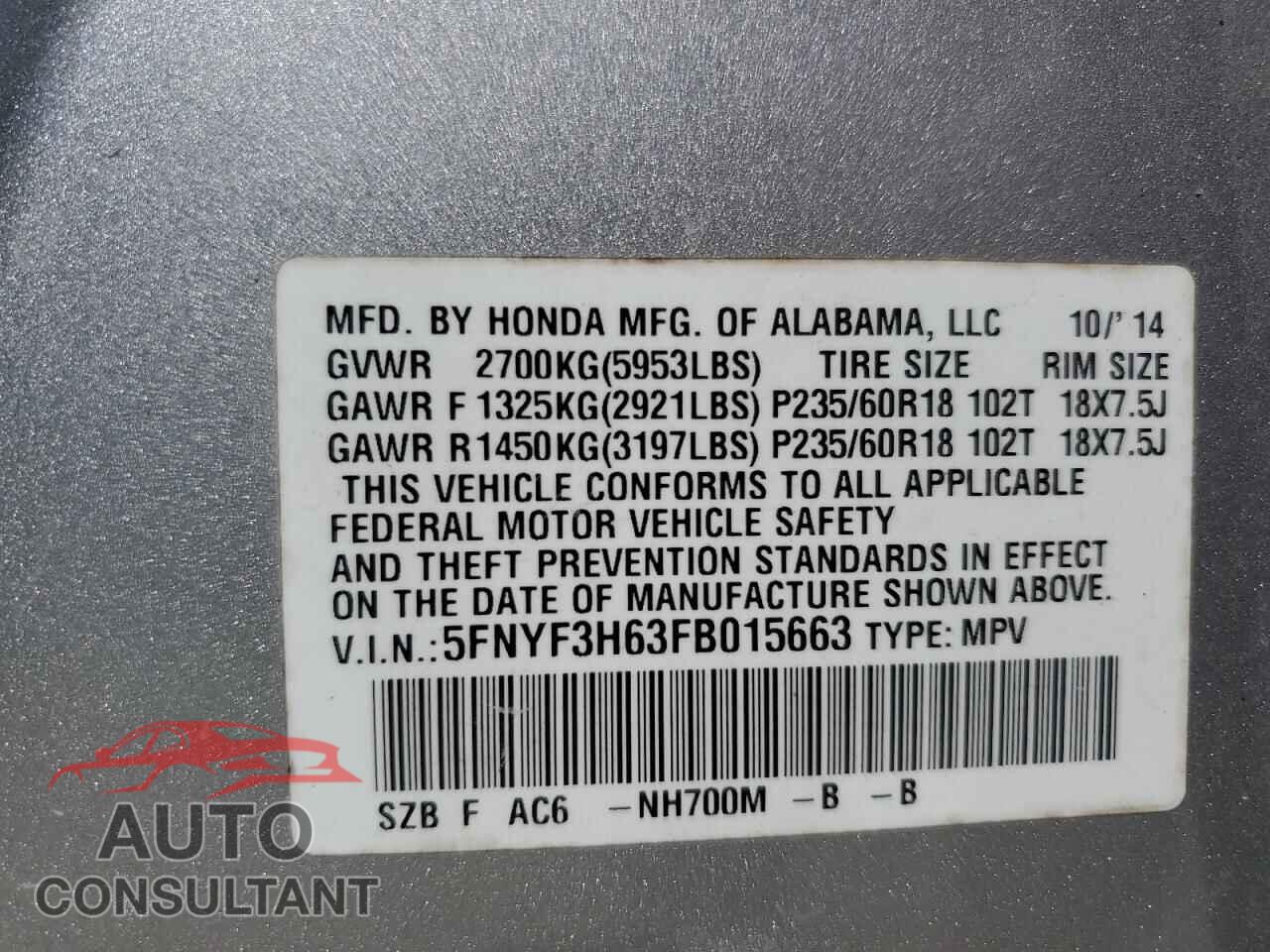 HONDA PILOT 2015 - 5FNYF3H63FB015663
