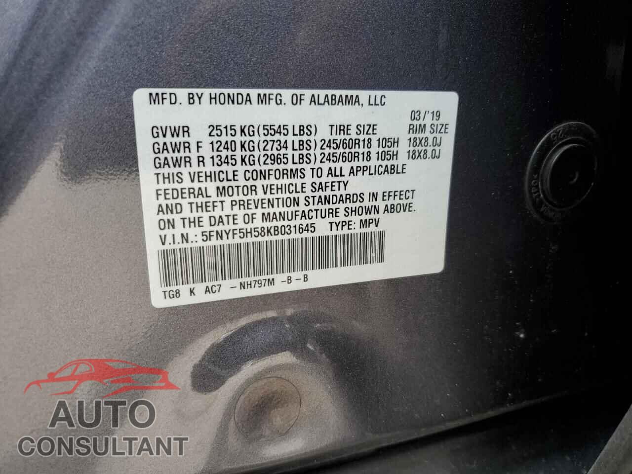 HONDA PILOT 2019 - 5FNYF5H58KB031645