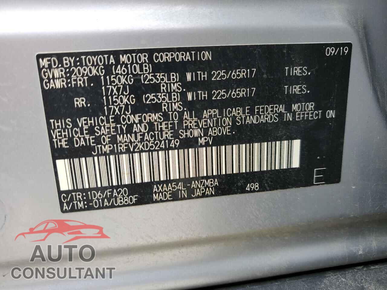 TOYOTA RAV4 2019 - JTMP1RFV2KD524149