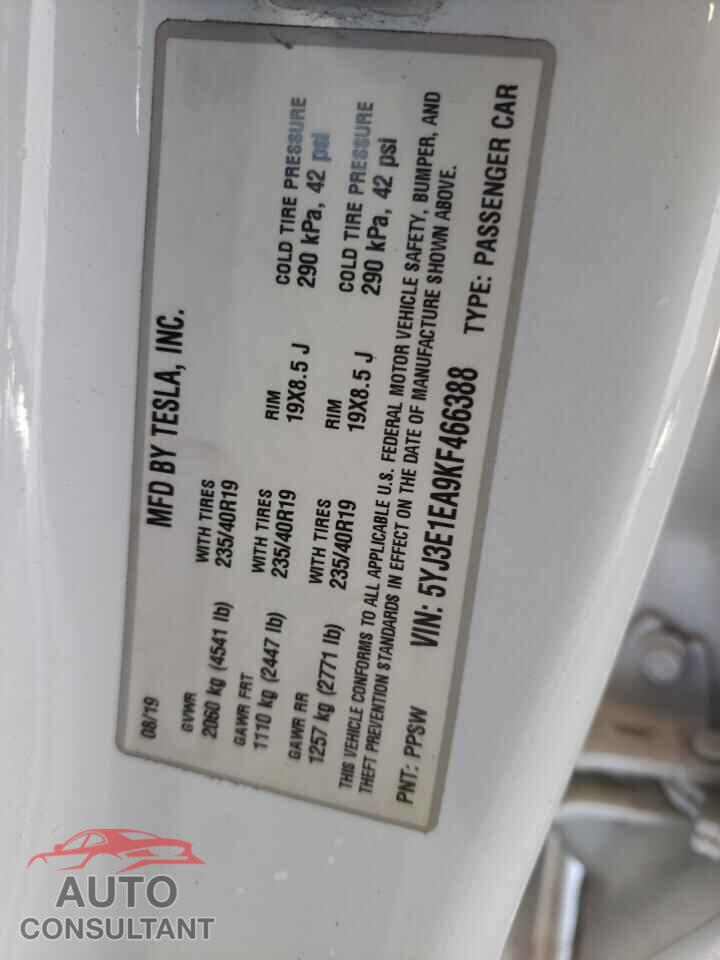 TESLA MODEL 3 2019 - 5YJ3E1EA9KF466388