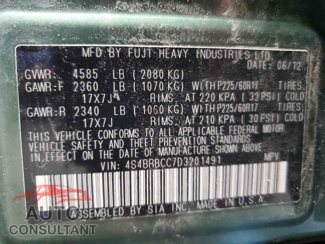 SUBARU OUTBACK 2013 - 4S4BRBCC7D3201491