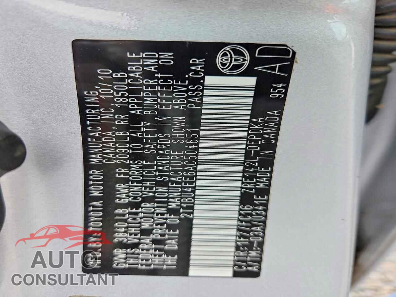 TOYOTA COROLLA 2010 - 2T1BU4EE6AC504651