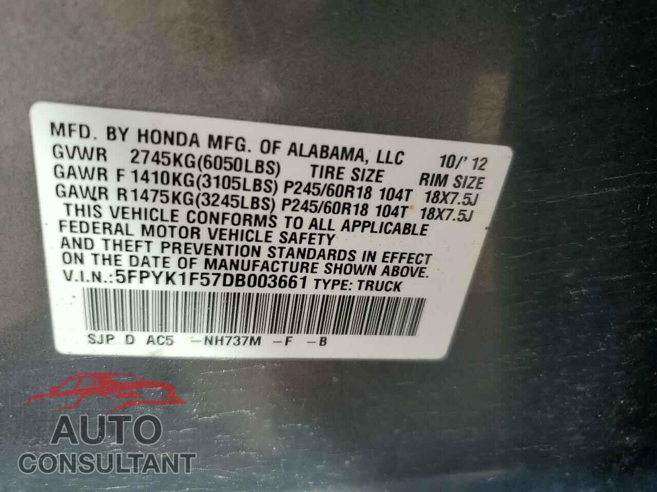 HONDA RIDGELINE 2013 - 5FPYK1F57DB003661