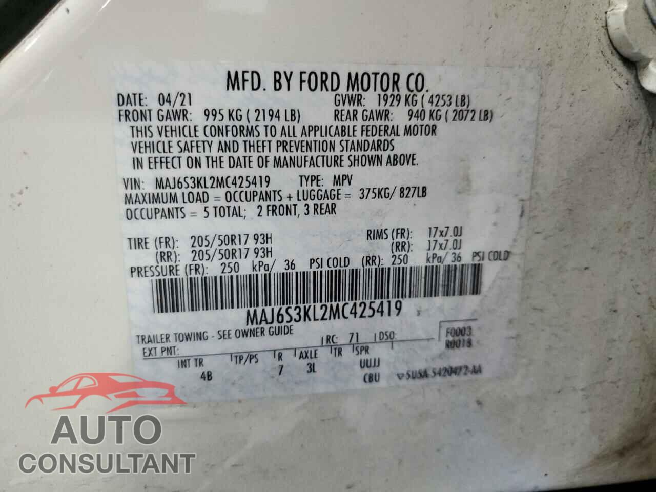 FORD ECOSPORT 2021 - MAJ6S3KL2MC425419