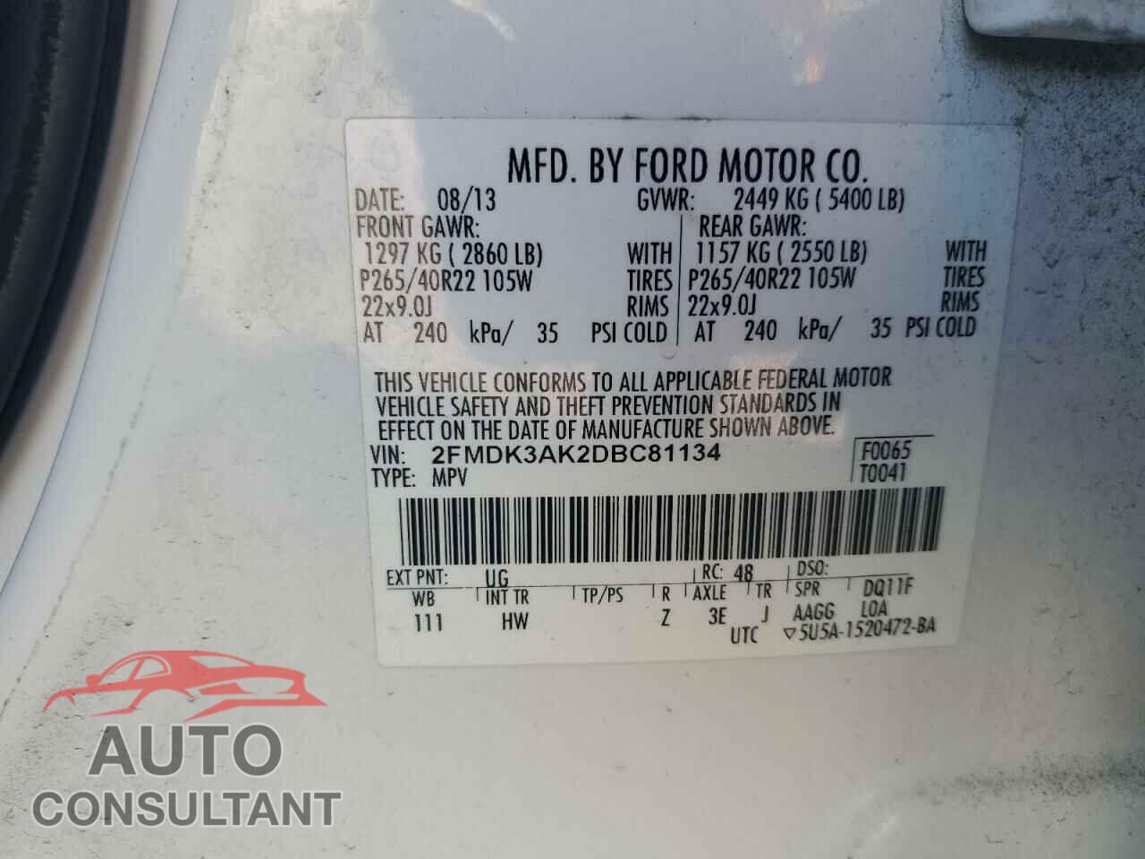 FORD EDGE 2013 - 2FMDK3AK2DBC81134