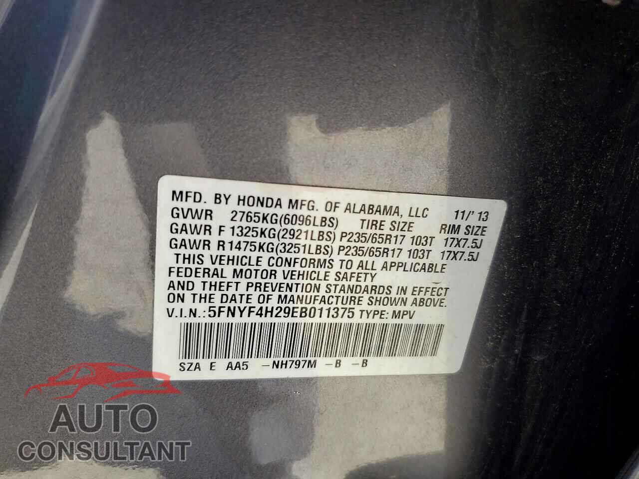 HONDA PILOT 2014 - 5FNYF4H29EB011375