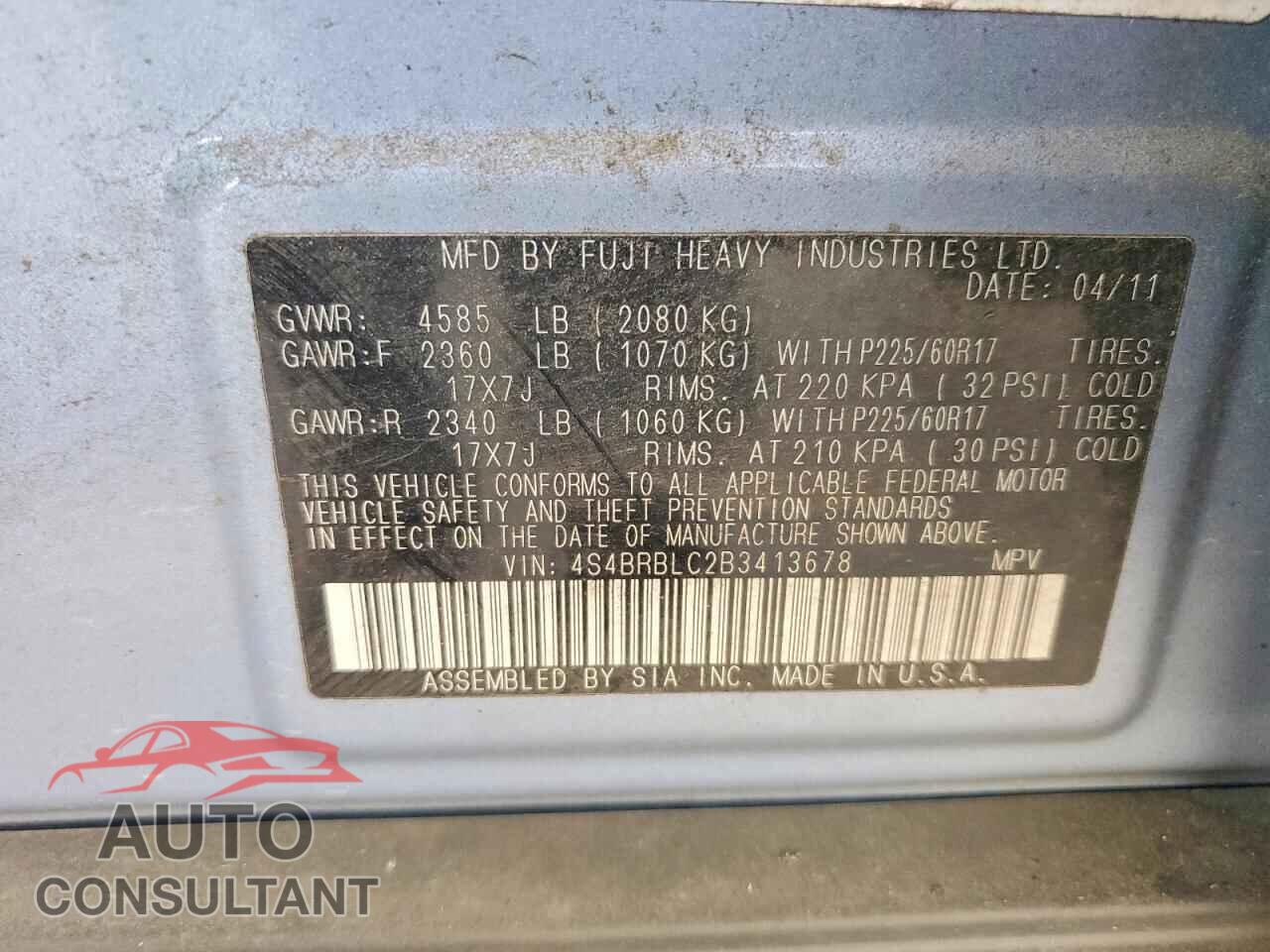SUBARU OUTBACK 2011 - 4S4BRBLC2B3413678