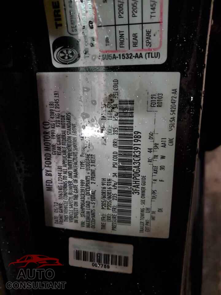 FORD FUSION 2012 - 3FAHP0GA3CR391989