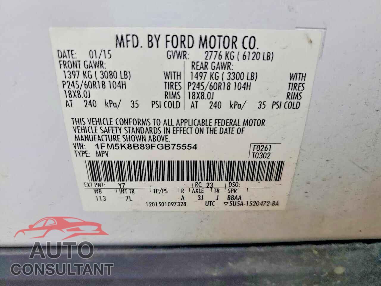 FORD EXPLORER 2015 - 1FM5K8B89FGB75554