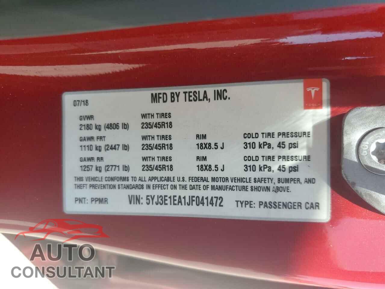 TESLA MODEL 3 2018 - 5YJ3E1EA1JF041472