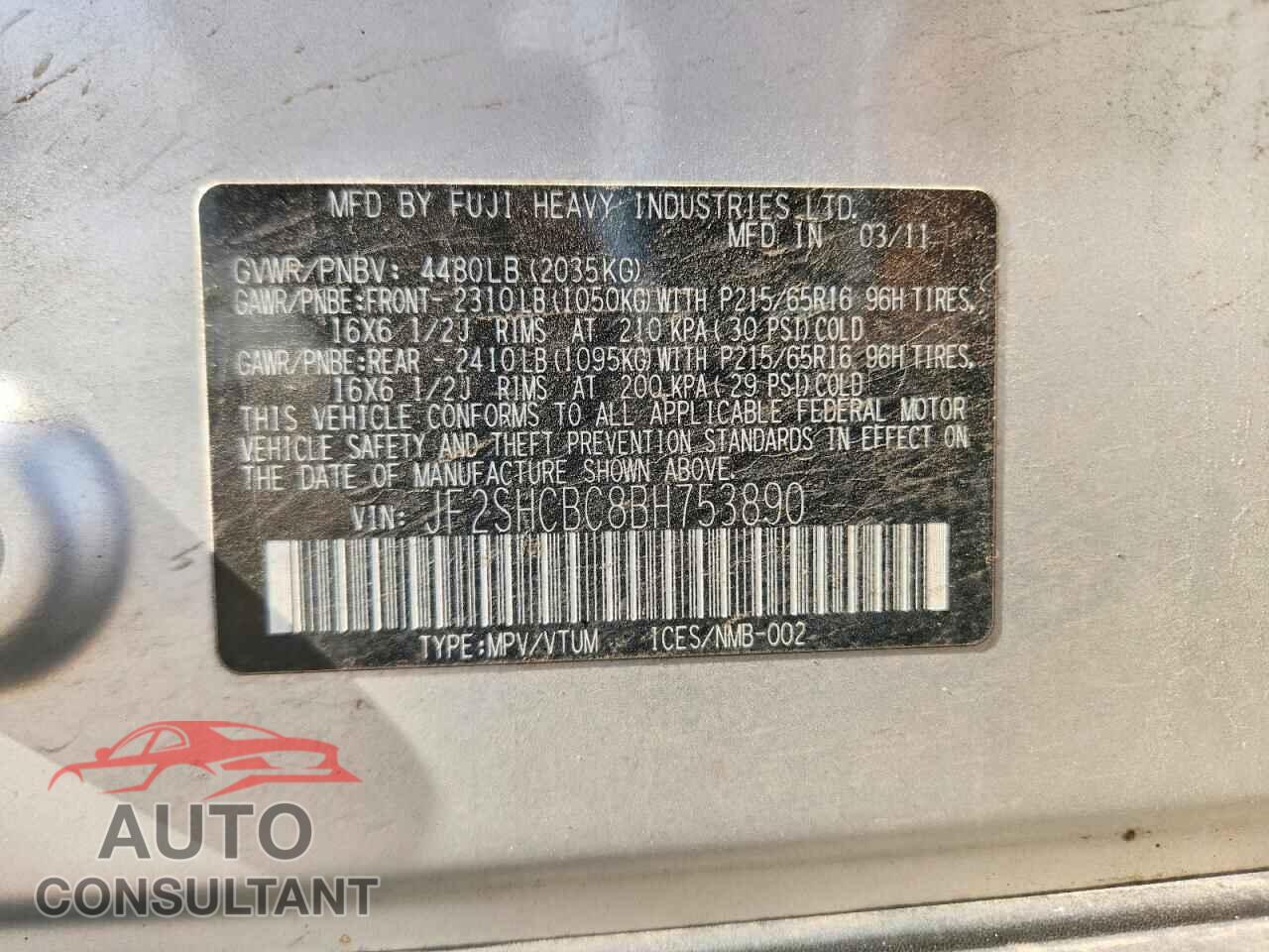 SUBARU FORESTER 2011 - JF2SHCBC8BH753890