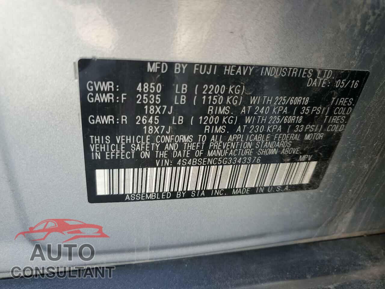 SUBARU OUTBACK 2016 - 4S4BSENC5G3343376