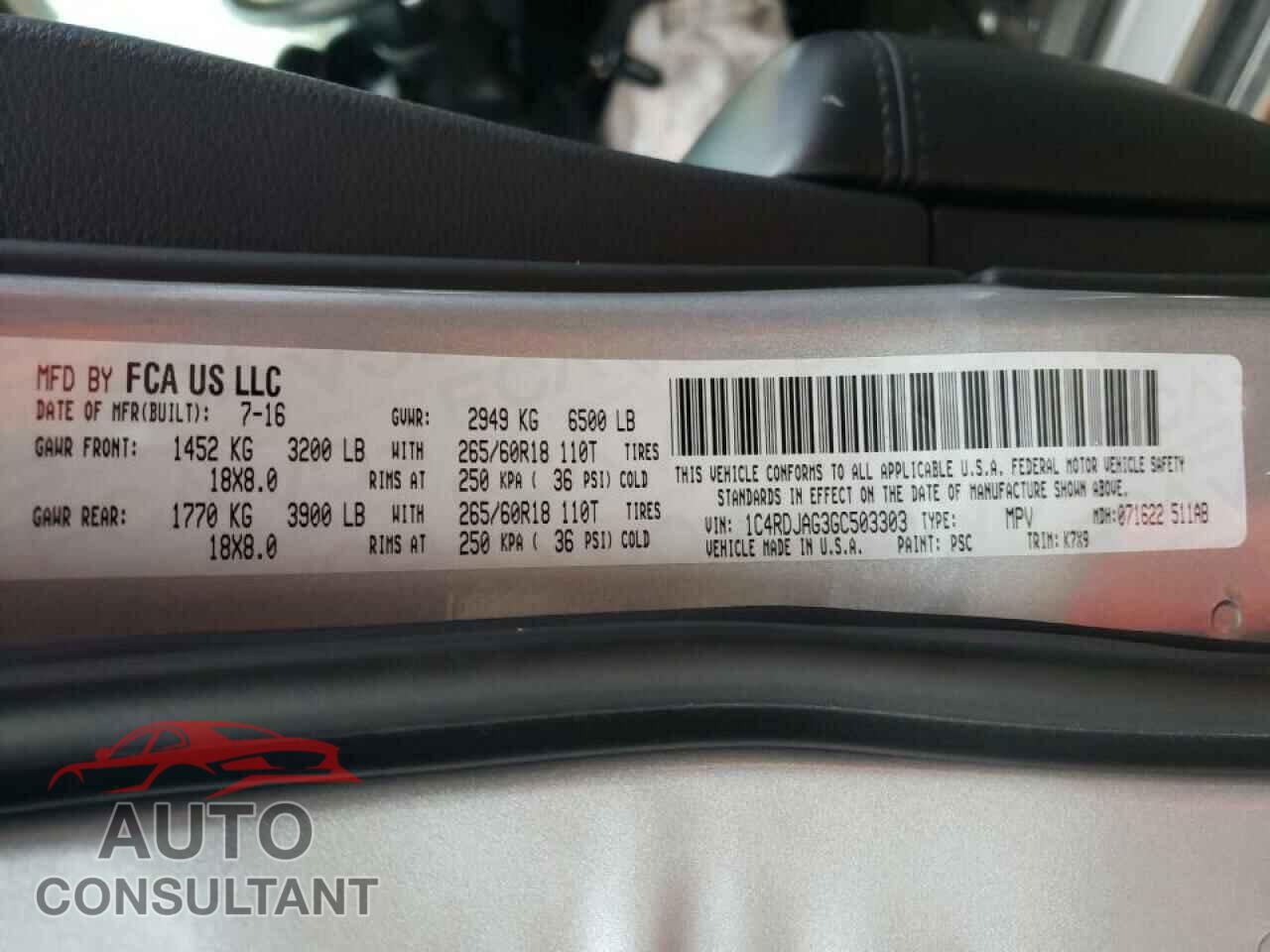 DODGE DURANGO 2016 - 1C4RDJAG3GC503303