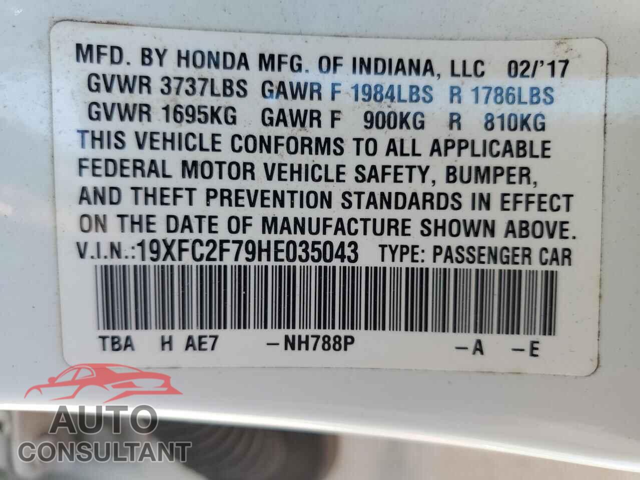 HONDA CIVIC 2017 - 19XFC2F79HE035043